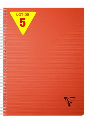 Clairefontaine 327123Cpack - Packung mit 5 Spiralbücher Linicolor Essence, DIN A4, 90 Blatt kariert 90g, Einband aus gerilltem PP, Rot, 5 Stück