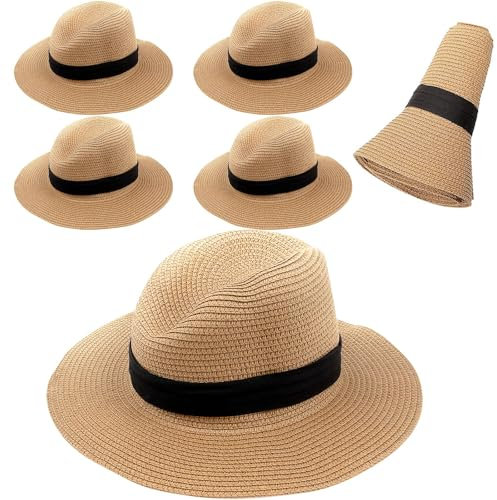OJMHD Lot de 6 chapeaux de soleil en paille pour homme et femme, chapeau Fedoras Panama en vrac, chapeau de plage pliable à large bord, UPF 50, réglable et pliable pour voyage, plein air, camping