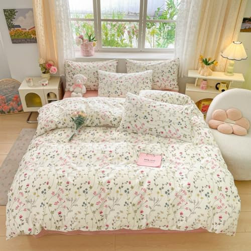 Covebett Bettwäsche 200x200 Baumwolle Weiß Rosa Blumen Blätter Pflanzenmuster Bettwäsche Set 3teilig Aesthetic Romantisch Mädchen Bettbezug und 2 Kissenbezug 80x80 mit Reißverschluss