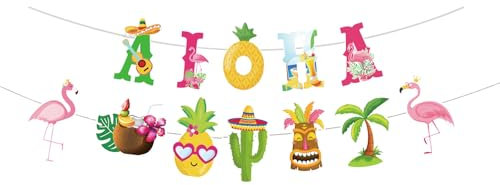 DazzJoy Hawaii Deko Aloha Girlande, Hawaii Party Deko Banner, Flamingo Deko, Ananas Deko, Kaktus Deko, Beach Party Deko, Sommer Pool Party Deko Girlanden, Gartenparty Deko, Dschungel Deko Geburtstag