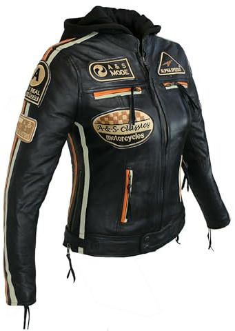Damen Motorradjacke Lederjacke Damen Jacke mit Protektoren Lederjacke mit Kapuze Leather Jacket Biker Jacket Custom Jacke (DE/NL/SE/PL, Alphanumerisch, XS, Regular, Regular, Orange gestriffen)