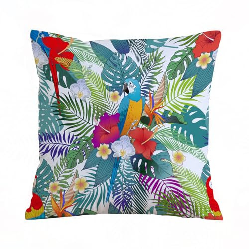ERRTU Housse de Coussin 45x45 cm,Motif de Fond avec des Fleurs Tropicales, Un Ara Rouge écarlate et Un Flamant Rose.,Housse Coussin Exterieur,Motif Décoratif Taie d'oreiller,Coussin Decoratif Canape