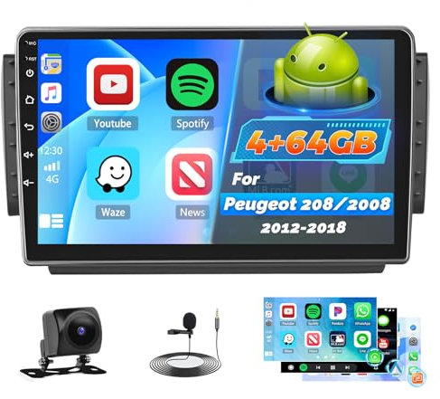 Roinvou 4+64G Android Autoradio per Peugeot 208/2008 2012-2018 CarPlay Android Auto, 10 Pollici IPS Touch Screen WI-FI GPS Bluetooth 32EQ FM/RDS SWC Telecamera Posteriore