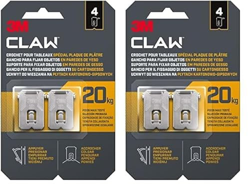 3M CLAW Crochets pour Accrocher des Tableaux sur des murs en plâtre, 4 Crochets - Poids Maxi testé jusqu'à 20 kg - Idéal pour Fixer des Objets lourds, Miroirs, Décoration d'intérieur, sans Outil