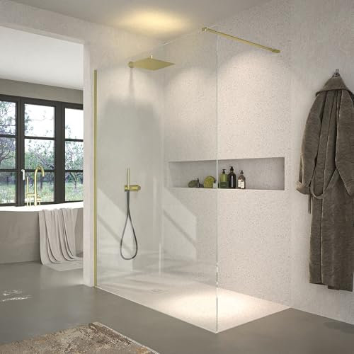 VAROBATH | Mampara de Ducha FRESH Panel Fijo 8mm - Vidrio Templado de Seguridad con Tratamiento Antical (Perfilería Oro Cepillado, 150x200)