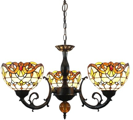 Lámpara de araña de cristal de colores Tiffany, 3 cabezas, 8 pulgadas, luz de techo, estilo barroco vintage amarillo, lámpara colgante for comedor, sala de estar, dormitorio, restaurante, pasillo.