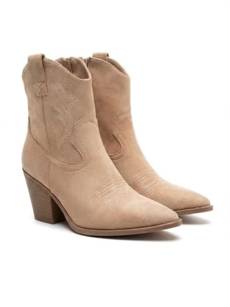 iKrush Women's Khaki Faux Suede Western Ankle Boots | Block Heel Pointed Toe Cowboy Style