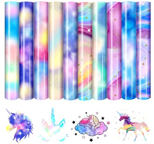 HTVSTD Iridescent Unicorn HTV Heat Transfer Vinyl 10pcs10*12in | Easy to cut and weed, high quality, vivid designs, perfect for decorating T-shirts, canvas bags, sleep masks and pillows.