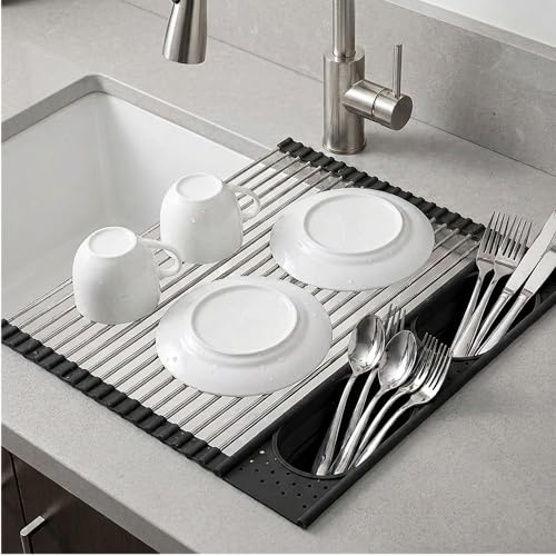KOOTEC®️ Escurreplatos sobre Fregadero Plegable con 2 Cestas Abatibles Integradas de Silicona Cubiertos y Utensilios Cocina | Escurridor de Platos para Fregadero de Acero Inoxidable y Silicona (NEGRO)