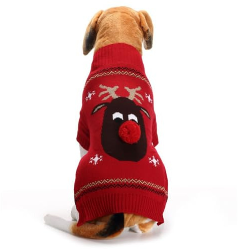 PengGengA Hundepullover mit Elch Aufdruck Rentier Gestrickter Weihnachtspullover für Hunde Warmer Katzenpullover für Winter und Feiertage - Rot, XXL