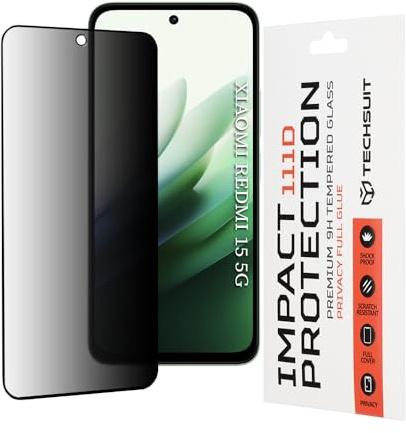 Techsuit Blickschutzfolie für Xiaomi Redmi 15 4G, Redmi 15 5G Gehärtetes Glas mit 9H Härte, Vollständige Abdeckung, Stoßschutz, Anti Spy Beschichtung, 111D Privacy Full Glue