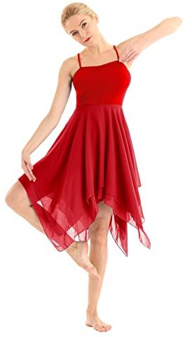 MSemis Femme Tutu Justaucorps Danse Classique Ballet Robe Asymétrique Gymnastique Leotard à Bretelle Tunique Latine Valse Robe de Soirée Cocktail S-XXL Rouge S