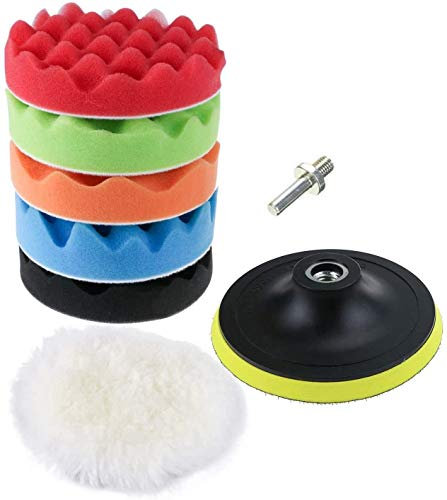 Polierschwamm Kit mit Bohr Adapter und Woll Waxing Pads, 7 teilige Polierpads für Auto, Polierer und Waxing (3 80mm/4 100mm/5 125mm/6 150mm/7 180mm)