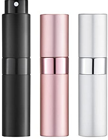 Toureal 8ml Perfume Atomiser for Travel (3 PCS), Refillable Spray Bottles, Aftershave Dispenser (Black, Pink, Silver)