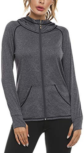 Woman Plain Zip Up Hoodie Top Ladies Long Sleeve Sport Workout Hooded Jacket Sweatshirt Coat Hoody Jacket with Pockets and Thumb Holes Dark Grey