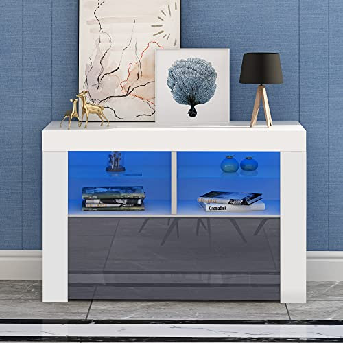 Panana Corner TV Stand, Modern RGB LED Entertainment Unit Cabinet White Matt Body & Front High Gloss Door Media Television Stands (Brown LED)