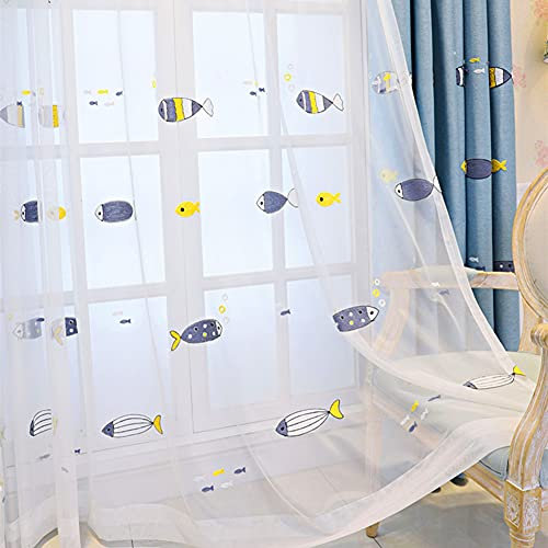 Lsimeru Tiere Vorhang Babyzimmer Junge Transparent Fischemuster 2er Pack Tülle Gardinen Durchsichtig Kinder Stickerei Fenster Dekoschal für Kinderzimmer,245x140