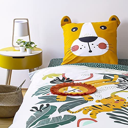 CÔTE DECO Parure da letto per bambini, reversibile, leone, verde e giallo, copripiumino 140 x 200 cm + 1 federa 63 x 63 cm, 100% cotone
