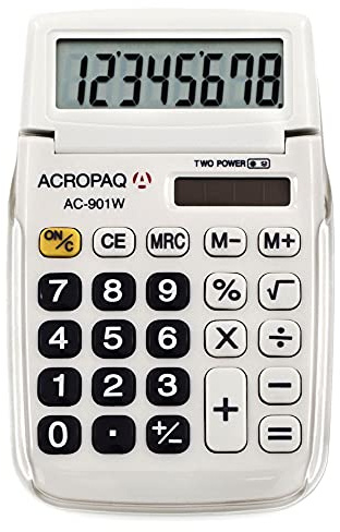 ACROPAQ - Taschenrechner - 8 stelliges LC-Display, Dual Power (Batterie + Solar), Mit Speicher, Wurzelziehen und Prozentrechnung - Weiß