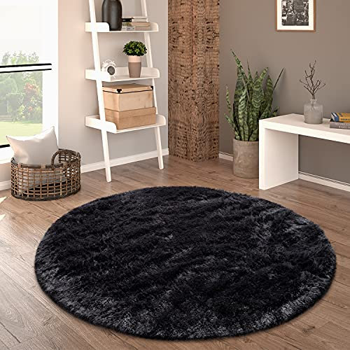 Paco Home Hochflor Teppich Rund Wohnzimmer Schlafzimmer rutschfest Shaggy Modern Flauschig Einfarbig Langflor Kunstfell, Grösse:200 cm Rund, Farbe:Schwarz