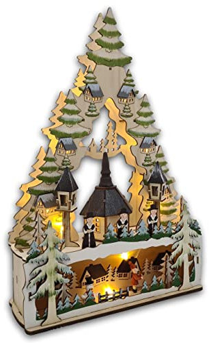 LED Schwibbogen Schwibbogenecke Seiffener Kirche Spitzleuchter mit Trafo und Timer Lichterbogen Weihnachtsdeko Fenster Echtholz 42cm