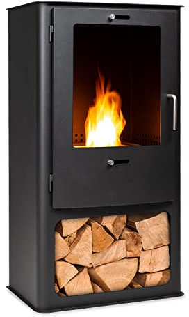 blumfeldt Fiamme Cantal - Camino a Etanolo, Bruciatore in Acciaio Inox con 1,2 L di Volume, Fino a 6 h di Combustione Inodore e Senza Residui, Vano per la Legna, con Copertura, Nero