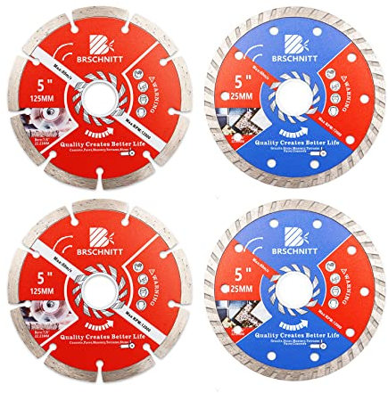 BRSCHNITT Diamond Disc Set,125mm Arbor 22.23mm - 16mm for Granite,Stone,Masonry,Terrazzo,Paver,Concrete,Pack of 4 Dry/Wet Circular Saw Cutter Diamond Cutting Disc