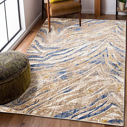 Carpeto Rugs Modern Teppich abstrakt Muster - Kurzflor, Weich und Glanz - Teppich für Wohnzimmer, Schlafzimmer, Esszimmer - ÖKO-TEX Wohnzimmerteppich - Beige Blau 4-120 x 170 cm