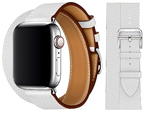Leather Double Tour Strap Compatible for Apple Watch Straps 38mm 40mm 41mm 42mm 44mm 45mm 49mm, Replacement Band for iWatch Series 8 7 6 5 4 3 2 1 SE Ultra, White 42/44/45/49mm