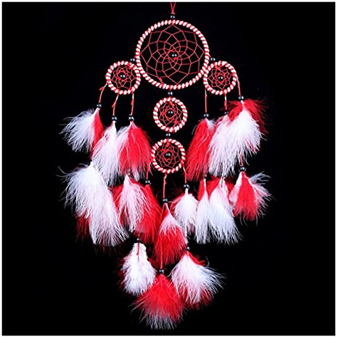 ABCBCA Eleganter handgemachter Traumfänger mit Federn Auto Wandbehang Dekoration Ornament Handwerk Schlafzimmer Anhänger Charmantes Geschenk for Freund (Color : Red and White)