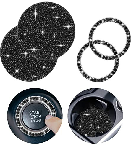cobee Bling Auto Untersetzer, 2 Stück Universal Silikon Anti Rutsch Auto Getränkehalter+2 Stück Bling Einsatz Untersetzer & Startknopf Zündring Kristall Strass Auto Untersetzer(Schwarz)