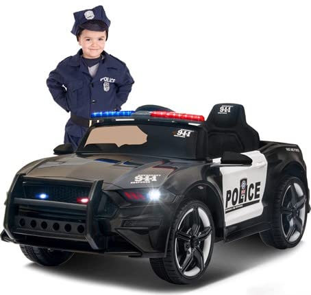 FINOOS Elektroauto für Kinder Kinderauto Polizei Police12V, Sirene, Blinker, Lautsprecher, Türen mit Fernbedienung Schwarz