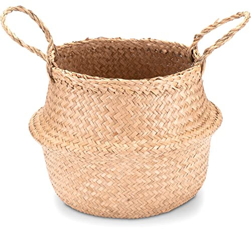 Decorasian Seegras Korb rund geflochten, Körbe zur Aufbewahrung und als Blumenkorb - Übertopf in Bast bzw. Rattan Optik - Seegraskorb mit Henkel zum Tragen - Wäschekorb - 2 Stück 25cm