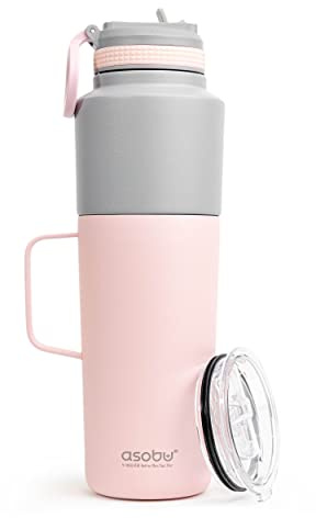asobu 2 Pack 887ML Insulated Water Bottle with Straw Lid and 591ML Stainless Steel Insulated Coffee Cup (Pink)