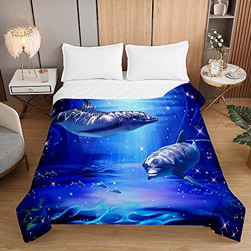Chickwin Tagesdecke Bettüberwurf Sommer Steppdecke, 3D Delfin Muster Tagesdecken mit Präge Wohndecke aus Mikrofaser Gesteppt Bettdecke Bettbezug für Einzelbett Doppelbett (230x260cm,Navy blau)