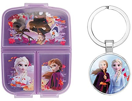 OM SUPPLIES Fiambrera reutilizable de Frozen con 3 compartimentos múltiples, para niños, escuela, incluye llavero de Frozen (Frozen II)