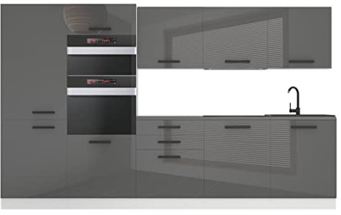 Belini Küchenzeile Küchenblock Grace - Küchenmöbel 300 cm Einbauküche Vollausstattung ohne Elektrogeräten mit Hängeschränke und Unterschränke, mit Arbeitsplatten, Silber Hochglanz