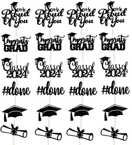 GotGala 24 Stück 2023 Graduation Cupcake Toppers Schwarz Glitzer Congrats Grade Class of 2023 So Proud of you Diploma Grad Cap Done Cupcake Picks Graduation Cake Decoratiosn for Graduation Party