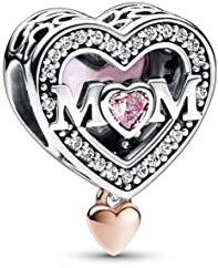 PANDORA Moments Bicolor Offen gearbeitetes Mum & Herz Charm mit Zirkonia Moments Collection, kompatibel Moments Armbändern, 782653C01