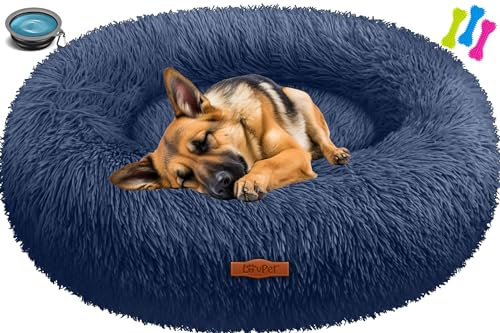Lovpet® Hundebett Hundekissen Katzenbett Bagel, Waschbar, Inkl. Napf + 3X Kauknochen, Hundesofa flauschig Kissen Rund aus Plüsch für Kleine, Mittelgroße & Große Hunde, Katzen [3XL, Ø 100cm Navyblau]