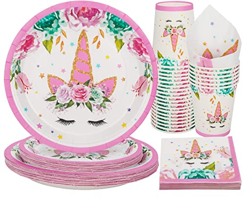 PARTY GO 100 Stück Einhorn Partygeschirr Set Einschließlich Einhorn Thema Papier Teller, Dessertteller, Servietten, Tassen für Mädchen Geburtstag Party Dekorationen, für 25 Gäste
