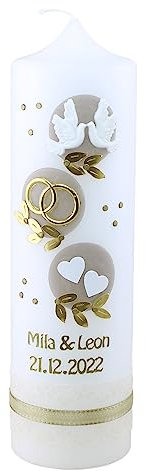 Cerziies® Hochzeitskerze Mila und Leon mit Namen und Datum, individuell und handverziert 1992, Kerzengröße :ca. 25x6