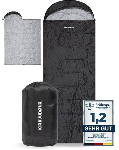 KIRKJUBØUR® Outdoor Camping ultraleichter Schlafsack 220 x 75 cm, Komfortbereich 15 °C, mit Kapuzen-Kopfteil und Deckenfunktion, aus antistatisches Material (schwarz)