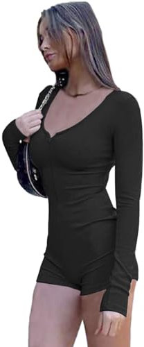 RPAEOY Damen Jumpsuit Langarm Reißverschluss Rundhalsausschnitt Gerippter Hosenanzug Strampler Overall Playsuit Bodycon Shorts Bodysuit Sexy Sportkleidung Trainingsanzug für Yoga Workout (Schwarz,L)