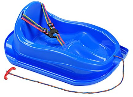 GaGaDumi Schlitten Mini-Kunststoffschlitten für Kinder, Mini-Bob aus robustem Kunststoff, bis zu 20 kg, bis zu 3 Jahre, ergonomische Form, hohe Rückenlehne, Sicherheitsgurte Blau