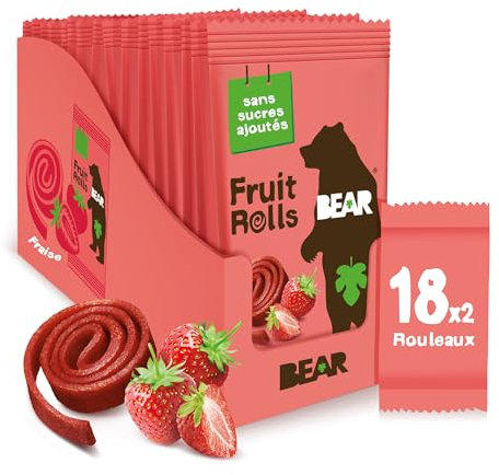 BEAR Fruit Rolls Saveur Fraise | 100% Ingrédients Naturels | Sans Sucres Ajoutés | Goûter Sain pour Enfants & Adultes | 18 Sachets de 20g | 360g