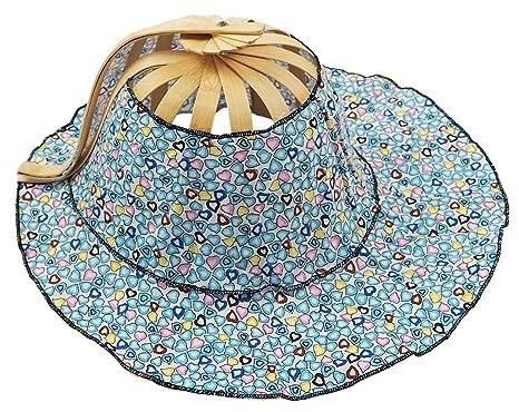harayaa 2 in 1 Sunhat Foldable Bamboo Hand Fan Floral Sun Protection Cap Portable Wide Brim for Travel Outdoor Sports Daily Use Dancing Props, Blue Hearts
