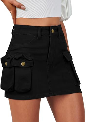 IVIR Damen Cargo Rock Minirock Y2K Sommer Elastische Taille 6 Taschen Knopf Bodycon Kurze Jeansröcke, Schwarz, Klein