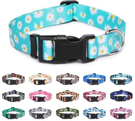 Suredoo Adjustable Dog Collar with Patterns, Ultra Comfy Soft Nylon Breathable Pet Collar for Small Medium Large Dogs (S, Blue Daisy)