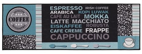 andiamo Teppich Läufer Cafe Creme - Küchenläufer Flur Läufer mit Kaffe Schriftzügen - Küchenteppich Küchenläufer 50 x 150 cm Grau-türkis